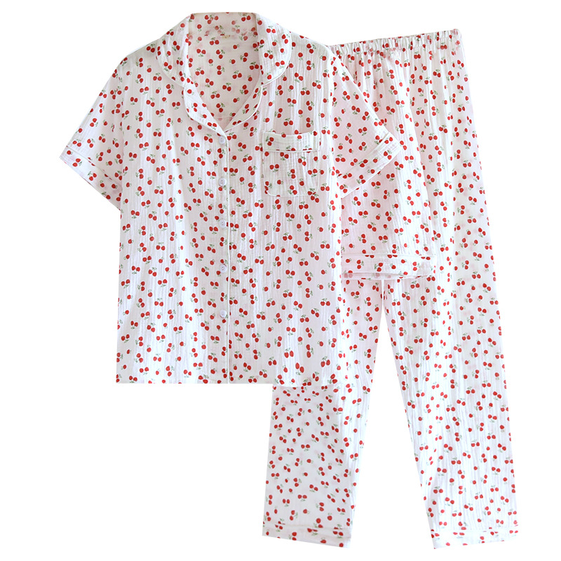 Summer Cotton Gauze Thin Short-sleeved Love Three-piece Shorts Breathable Sweat-absorbent Pants Lapel Age-reducing Pajamas Set