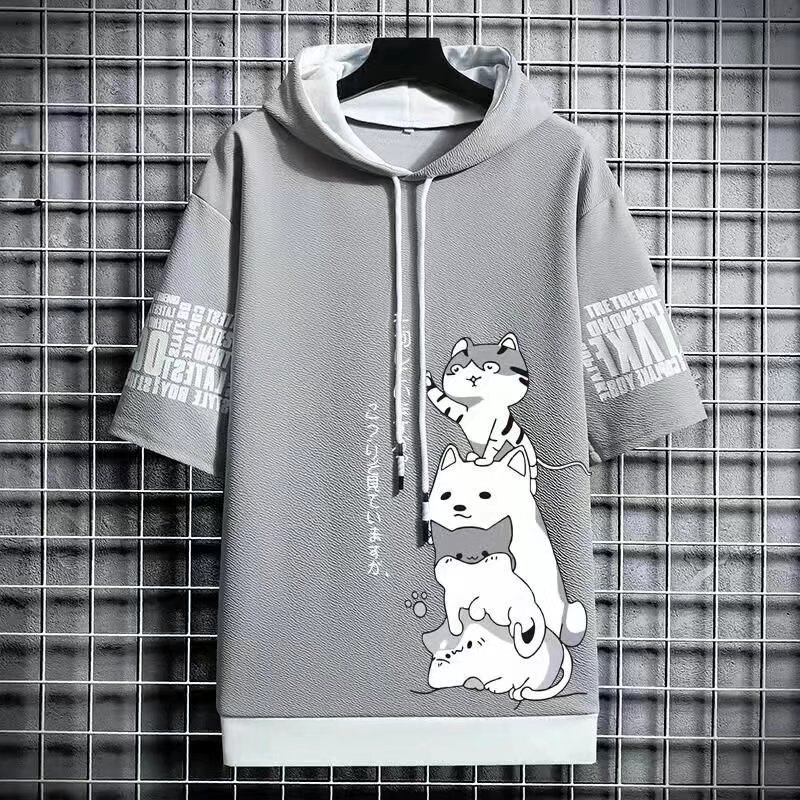 Summer men's casual all-match hooded cardigan quick-drying running Sports men's printed short-sleeved top