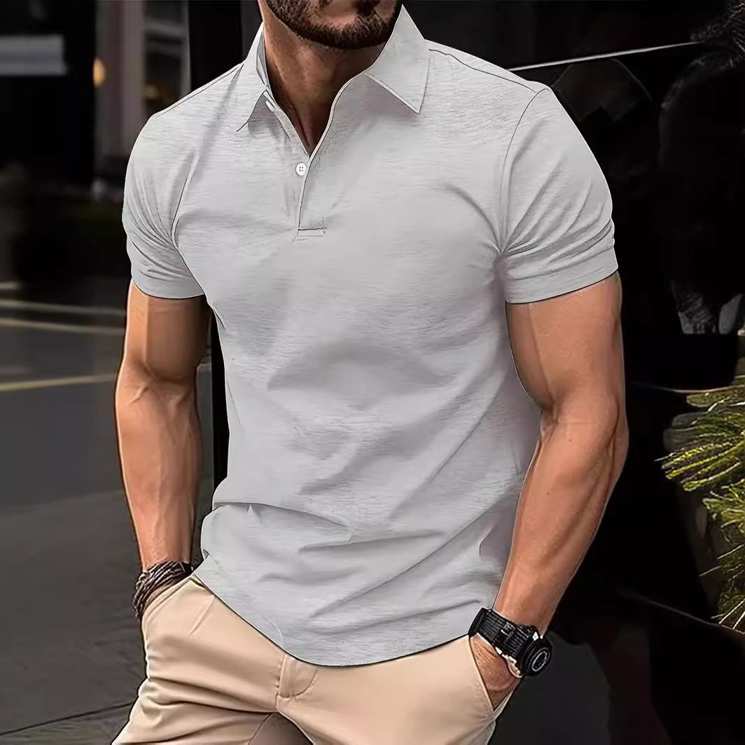 2024 New Amazon Cross-border Men's Casual Solid Color Button Short-sleeved T-shirt Bead Small Twill Polo Shirt for Men