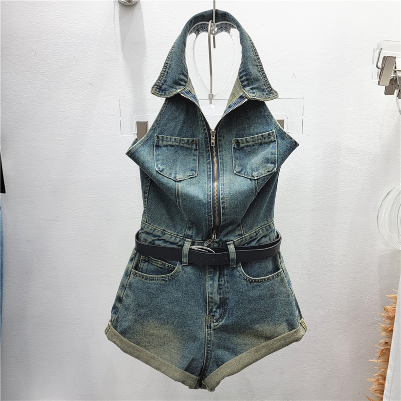 Summer new Korean style POLO collar sleeveless single-breasted vest + high waist curling wide leg shorts Denim suit women