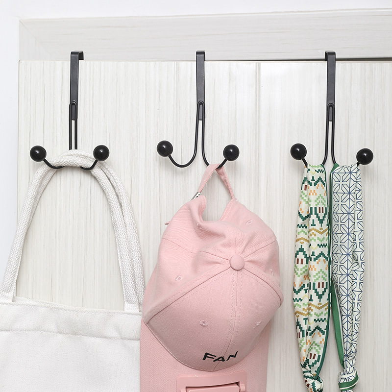 Behind the Door Black Double Bead Hook Back-Mounted Non-Punch Wall Hanger Bedroom Coat Hanging Rack Iron Finishing Rack