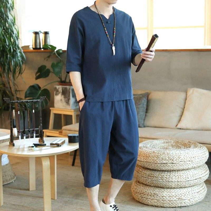 Japanese Style Summer Men's Linen Suit Chinese Style Large Size Loose Capri Pants Casual Tang Suit Cotton and Linen Two-piece Suit for Men