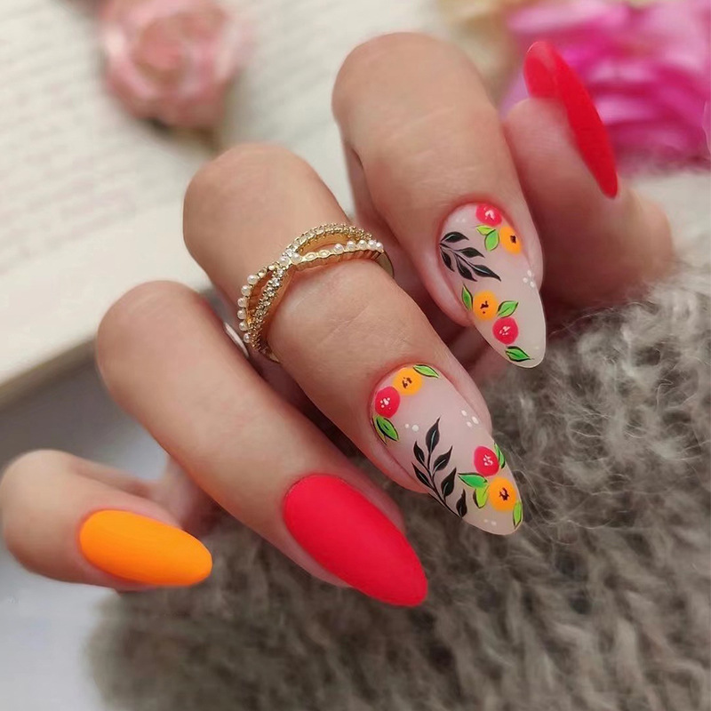 穿戴甲甲片磨砂紅黃跳色小花假指甲片批發美甲穿戴甲中長款 nails