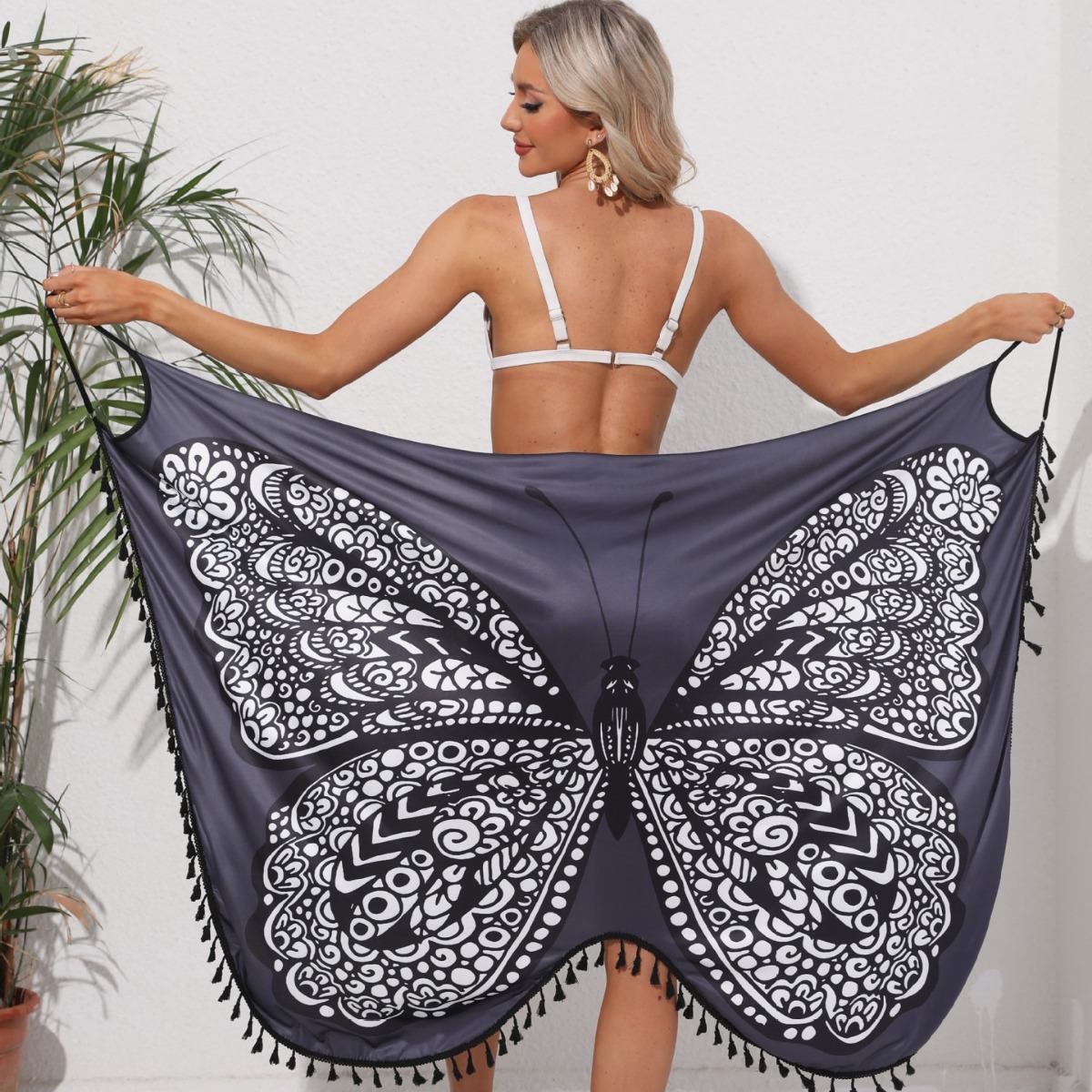 Holiday Style Beautiful Butterfly Print Sling Dress Women's Seaside Photo Dress Super Fairy Lace-up Backless Beach Dress
