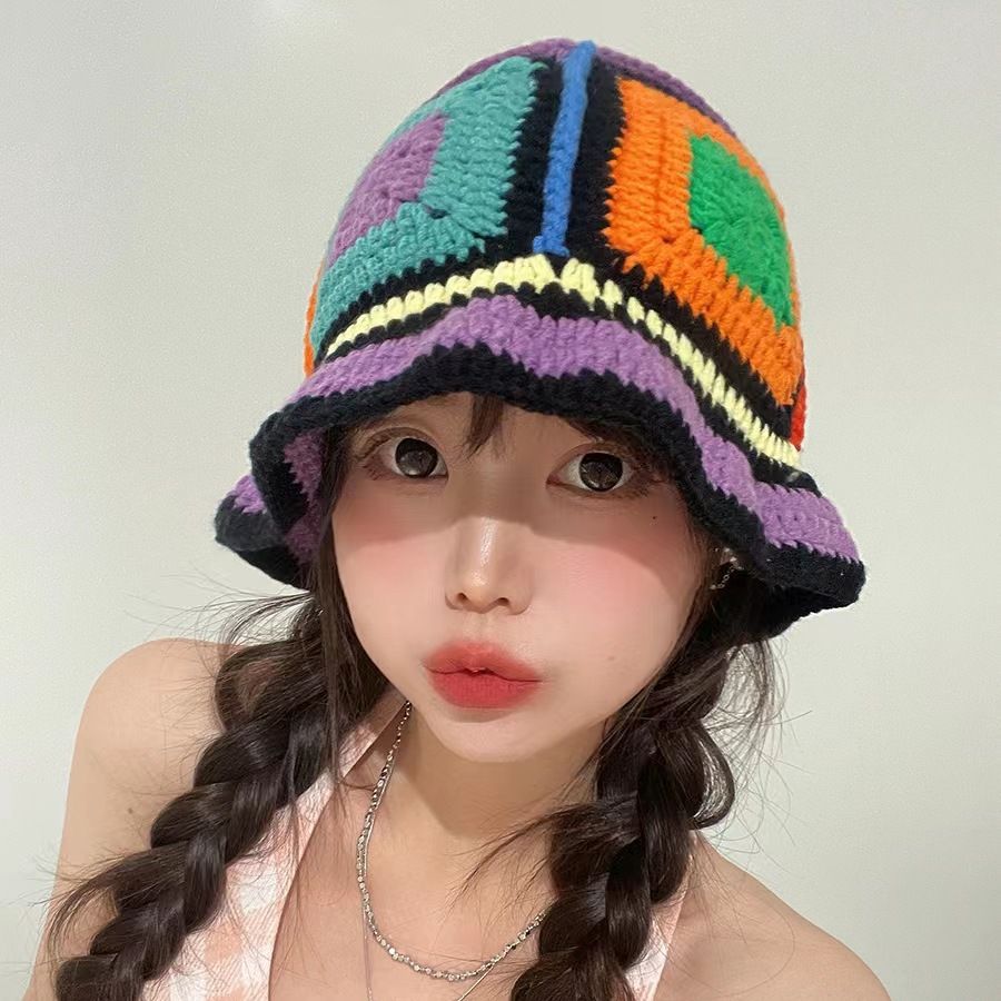 Spring and summer new style Japanese ethnic style colorful hand-knitted fisherman hat for women, sweet and versatile, small color-blocked basin hat that shows face