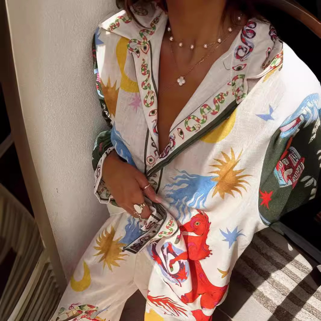 Europe and the United States cross-border 2024 new independent station AliExpress fashion personality printed Macaron linen long sleeve shirt suit