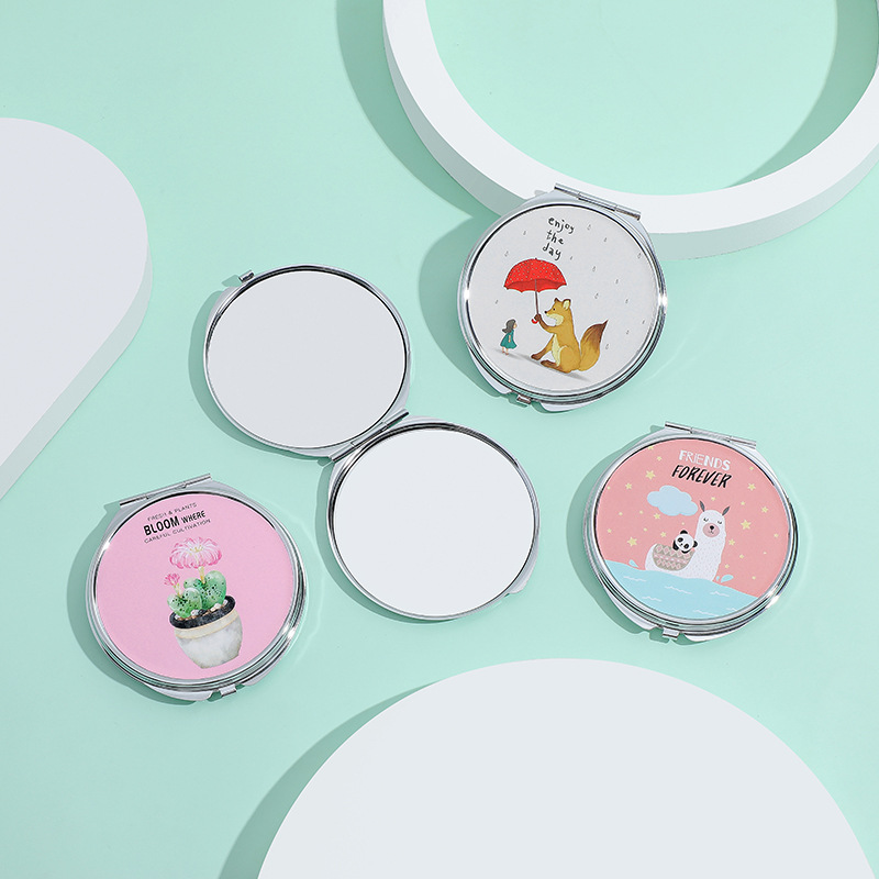 Portable Small Round Mirror Color Printing Sticker Dressing Mirror Portable Folding Double-Sided Simple Beauty Makeup Mirror Princess Fashion Travel