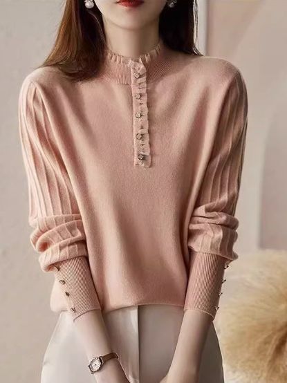 Intellectual elegant lantern sleeve all-match bottoming warm sweater autumn and winter elegant wooden ear half turtleneck foreign sweater for women