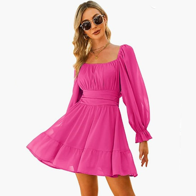 Chiffon Dress 2022 Autumn New Quad Collar Women's Amazon Lantern Sleeve Backless Belted Skirt
