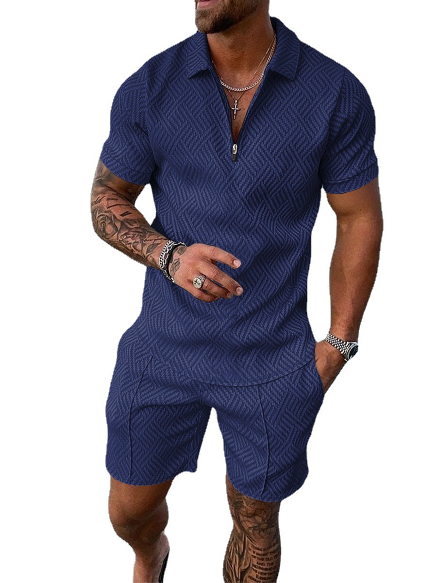 2022 cross-border European and American men's new independent station supply casual contrast color POLO zipper turtleneck short sleeve suit