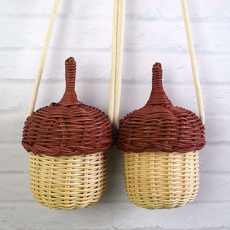 Southeast Asian Style Mini Small Satchel Pine Cone Shape Vintage with Lid Crossbody Rattan Woven Small Sling Basket