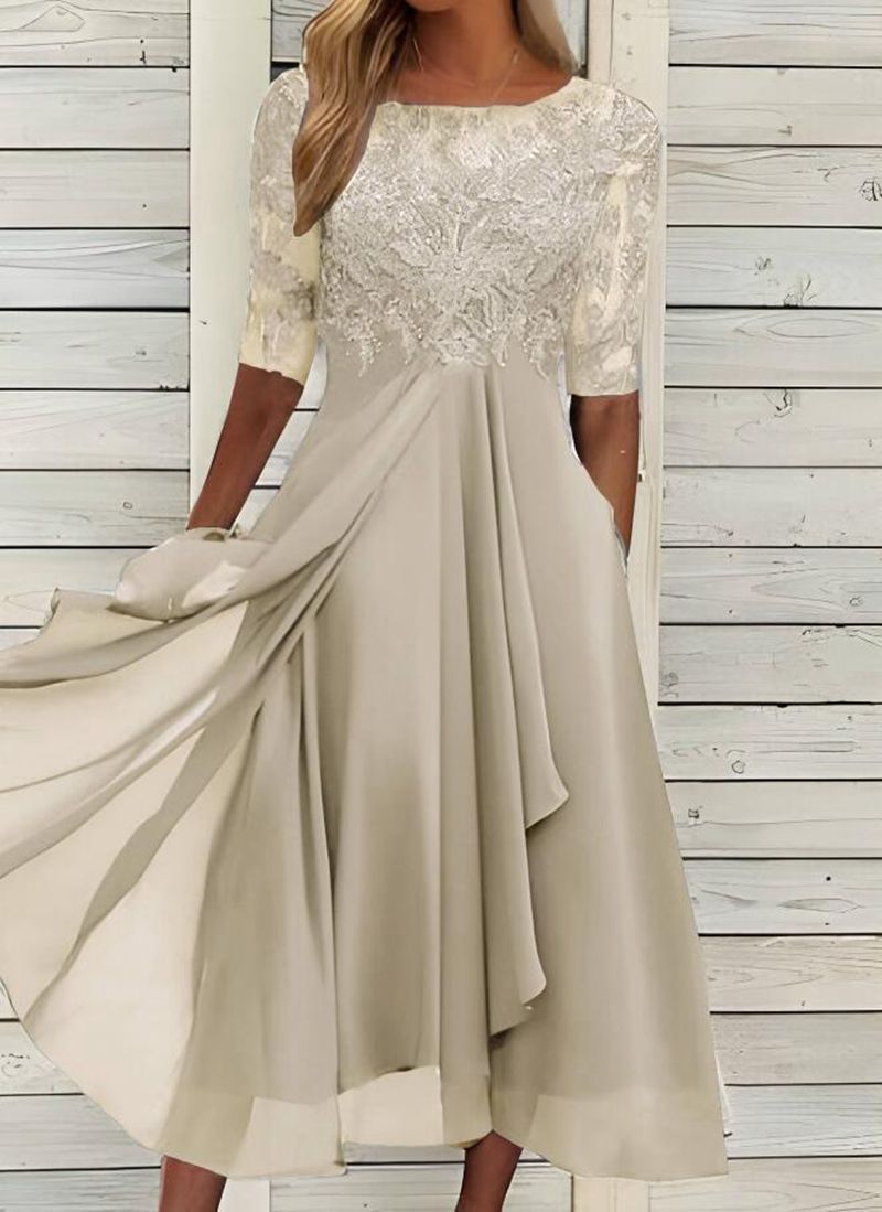 2023 European Station Cross-border Amazon Dress Chiffon Stitching Lace Hollow Dress Bridesmaid Evening Dress Women's Dress