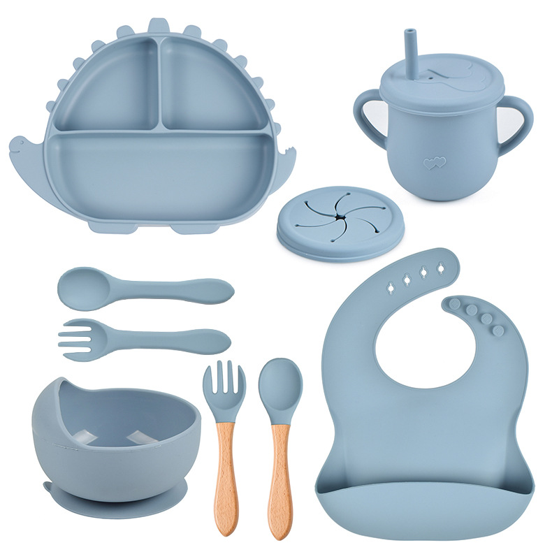 8-piece Children's silicone tableware suit dinosaur silicone dinner plate bib spoon Fork cup baby silicone dinner plate