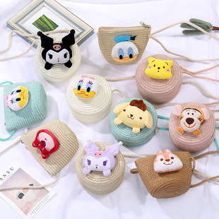 Children's Small Bag Cartoon Doll Cute Straw Bag Woven Bag Summer Seaside Travel Crossbody Straw Small Round Bag