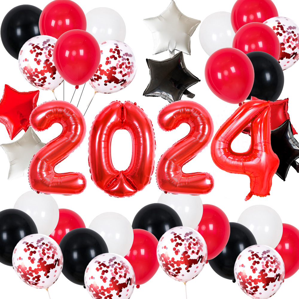 Cross-border new New Year balloon 32-inch red 2024 digital aluminum balloon New Year annual meeting scene party balloon