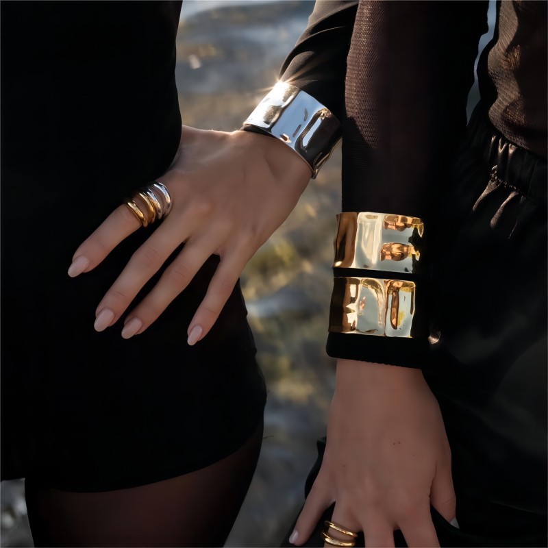 INS Internet celebrity style titanium steel concave and convex hammer pattern wide bracelet 18K gold stainless steel exaggerated personality bracelet for women
