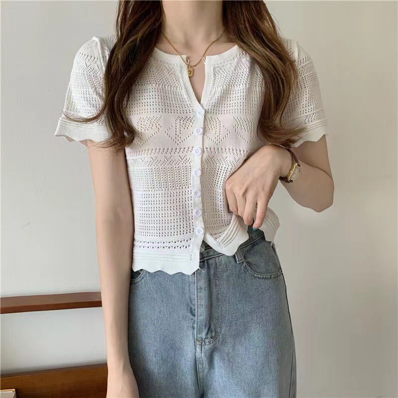 Summer New Arrival Hollow-Out Knitwear Short Short-Sleeved Sweet Cute V-Neck Small Cardigan Slim-Fit Slimming Top Women's Trendy