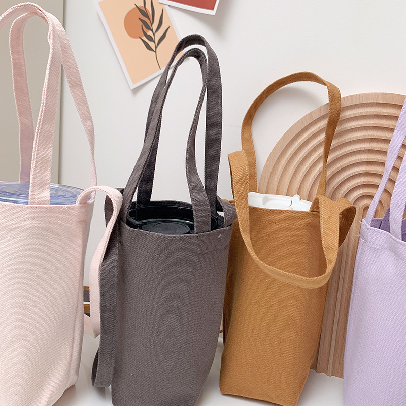 Portable Accompaniant Crossbody Cup Bag Coffee Bag Glass Cup Cover Hand-Carrying Portable Thermal Insulation Solid Color Canvas Cup Cover