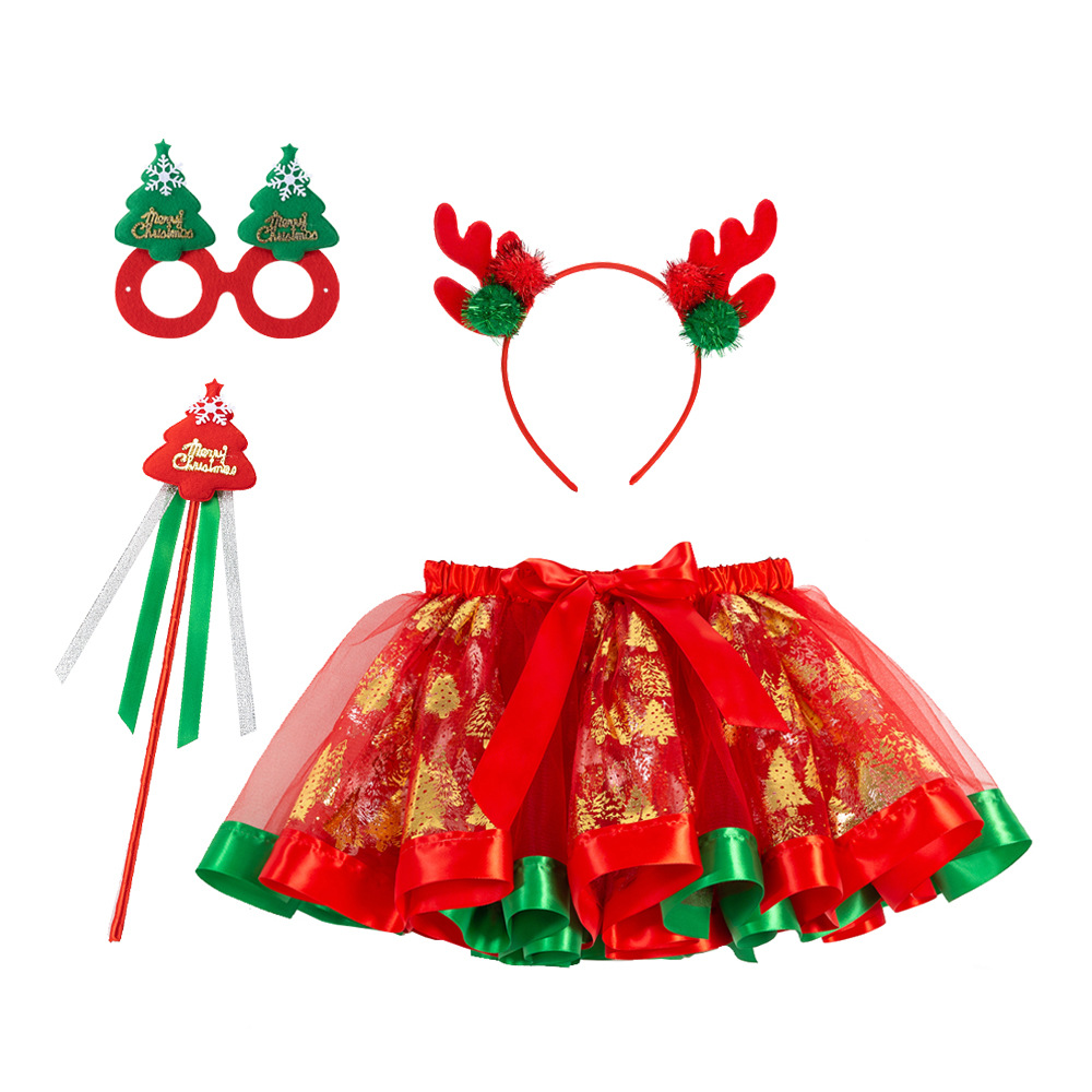 Christmas Printed Girl's Tutu Dress Headband Eye Mask Magic Wand Four-piece Holiday Party Mesh Half-length Skirt