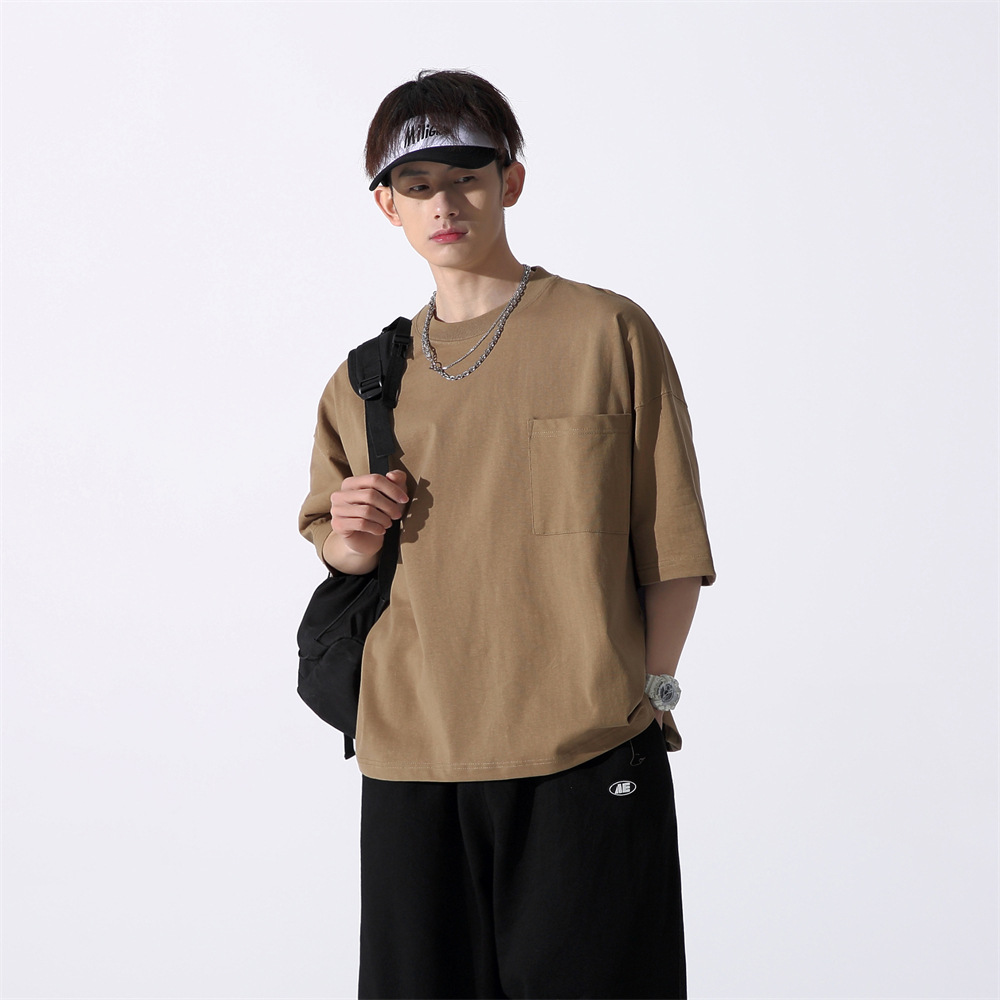 LVLV men's clothing | Heavy cotton wide off-shoulder 5-point sleeve oversize pocket High Street T-shirt wide fashion brand