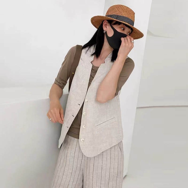 2024 Summer New Artistic Loose Solid Color Cotton and Linen Vest Vest Women's Slim Vest Jacket Jacket #6297#
