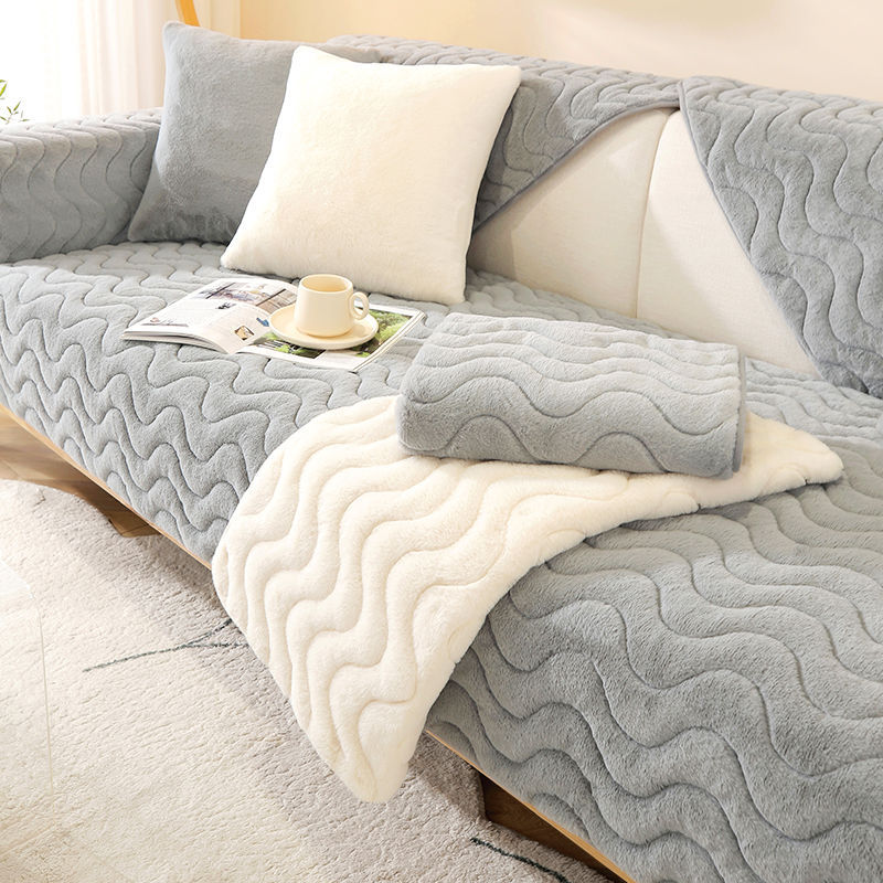 Thickened rabbit plush sofa cushion high-end solid color non-slip sofa towel winter Nordic simple style sofa cover wholesale