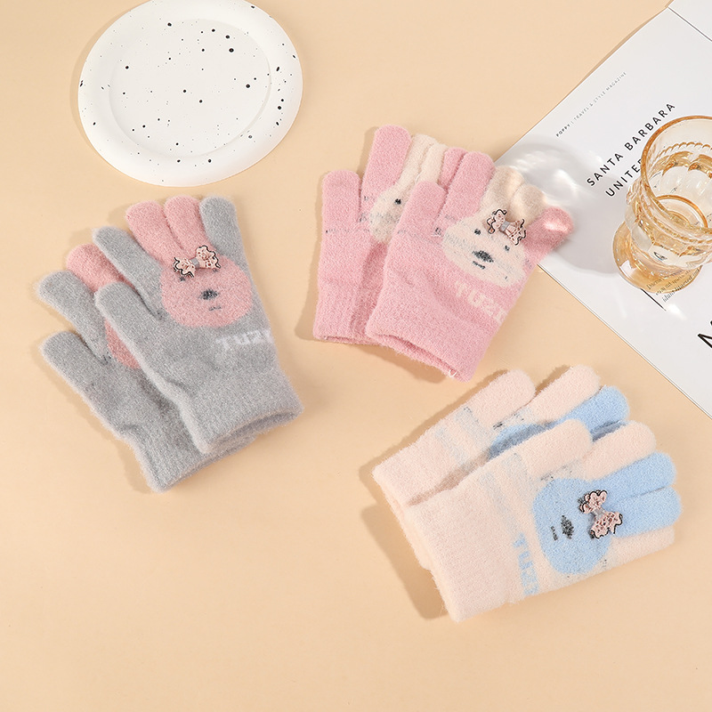 Children's winter 3-6 years old gloves outdoor finger rabbit cute cartoon winter velvet warm cold gloves wholesale