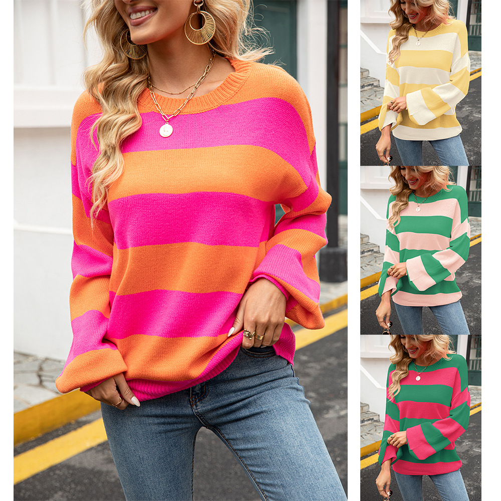 Autumn 2022 Pullover Large Size Sweater Stitching Striped Crewneck Urban Casual Knitted Loose Lazy Style Base Shirt