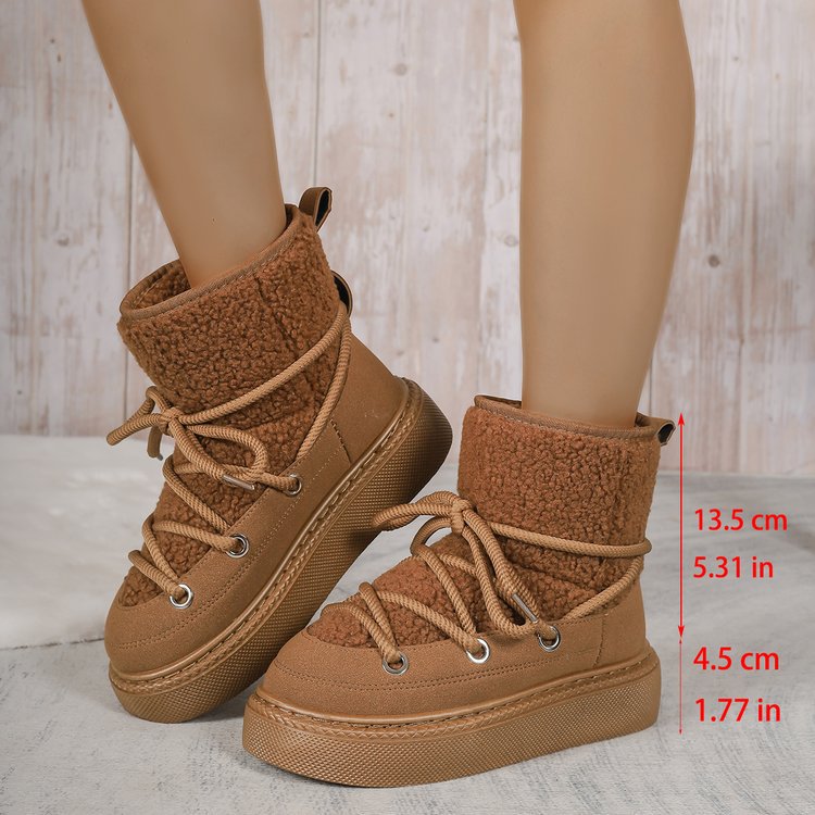 Plus-size chunky-soled, cross-strap snow boots—autumn/winter thickened mid-calf style, offering warmth—women's footwear