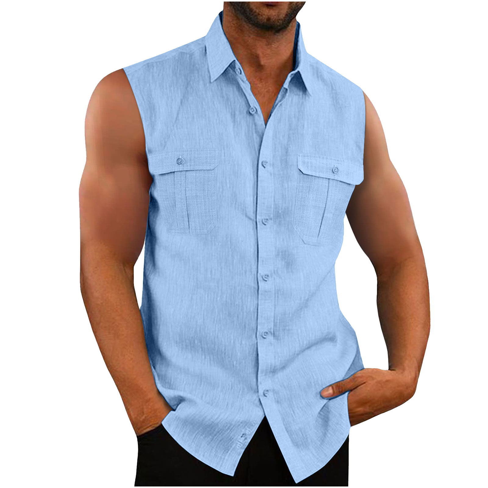 Cross-border AliExpress EBAY European and American men's shirt double pocket cotton linen sleeveless shirt casual vacation shirt