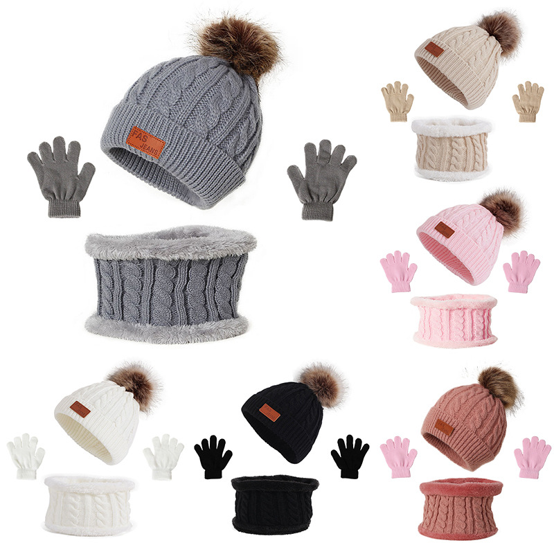 Cross-border European and American children's hat scarf gloves three-piece autumn and winter New Single ball baby hat