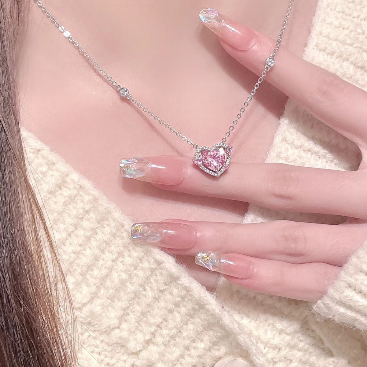 妲己女僕咖啡款守護之心項鍊女甜美氣質心形粉鑽鎖骨鏈網紅頸鏈女