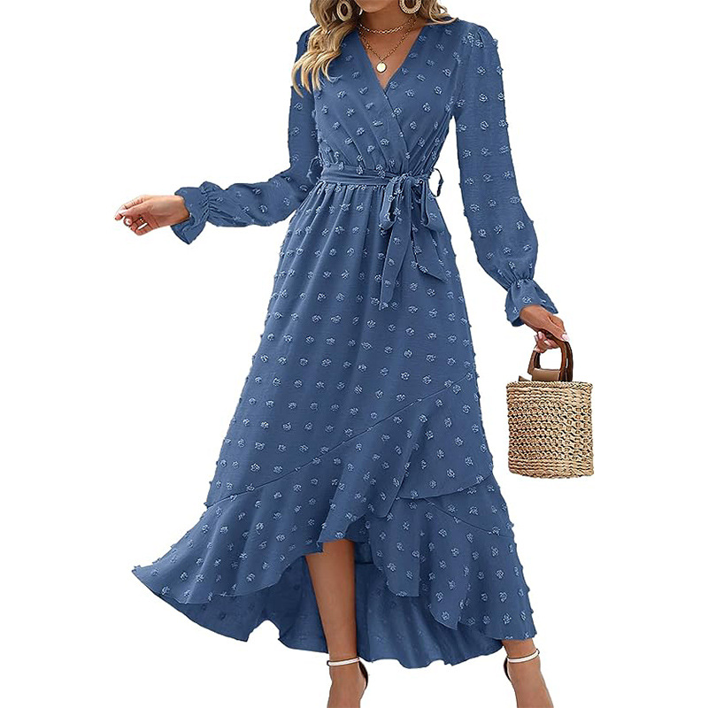 Amazon new women's bohemian wrap dress V-neck Swiss polka dot long sleeve waist dress