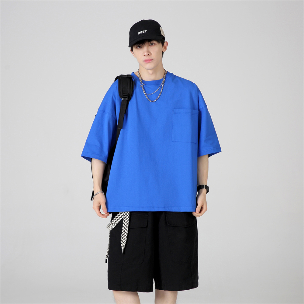 LVLV men's clothing | Heavy cotton wide off-shoulder 5-point sleeve oversize pocket High Street T-shirt wide fashion brand