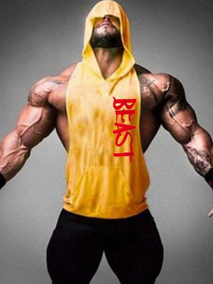 European and American Fitness Sports Hooded Vest Cotton European Size Sweat Pocket Hooded Letter Printed Hooded Sleeveless Sweater