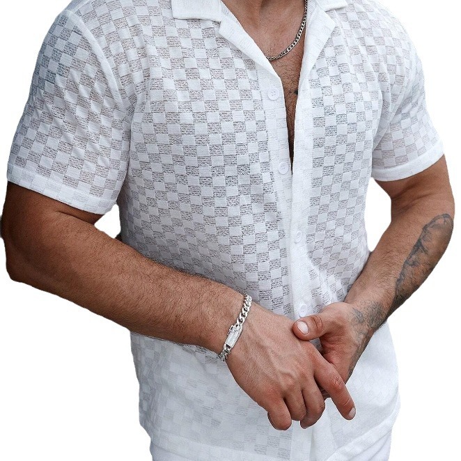 2024 Fashion Men's Solid Color Lace Hollow Comfortable Casual Shirt