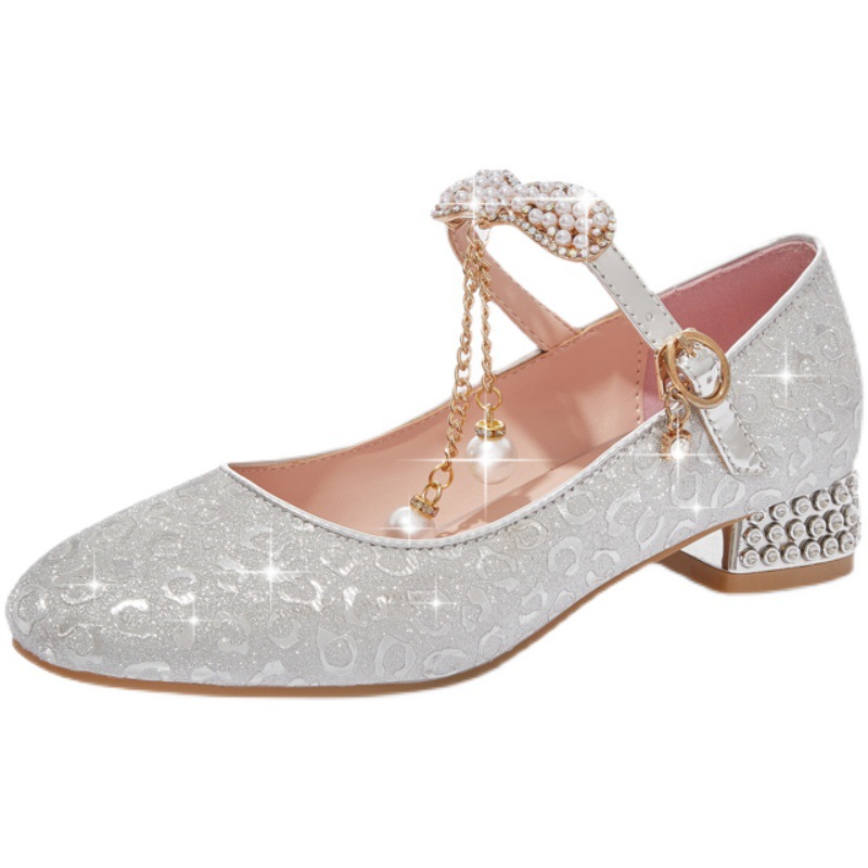 Girls Leather Shoes Large Children's Crystal Shoes Golden Silver Sequins Princess Shoes Stage Show Small Host Children's Shoes