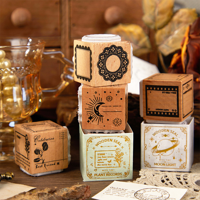 Cross-border light picking three-in-one wooden seal long Moon Star series retro hand account DIY decorative printing 6 models