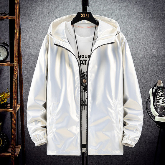 Spring and Autumn glossy jacket plus size trendy brand handsome silver men's jacket waterproof casual hooded sports Korean style top