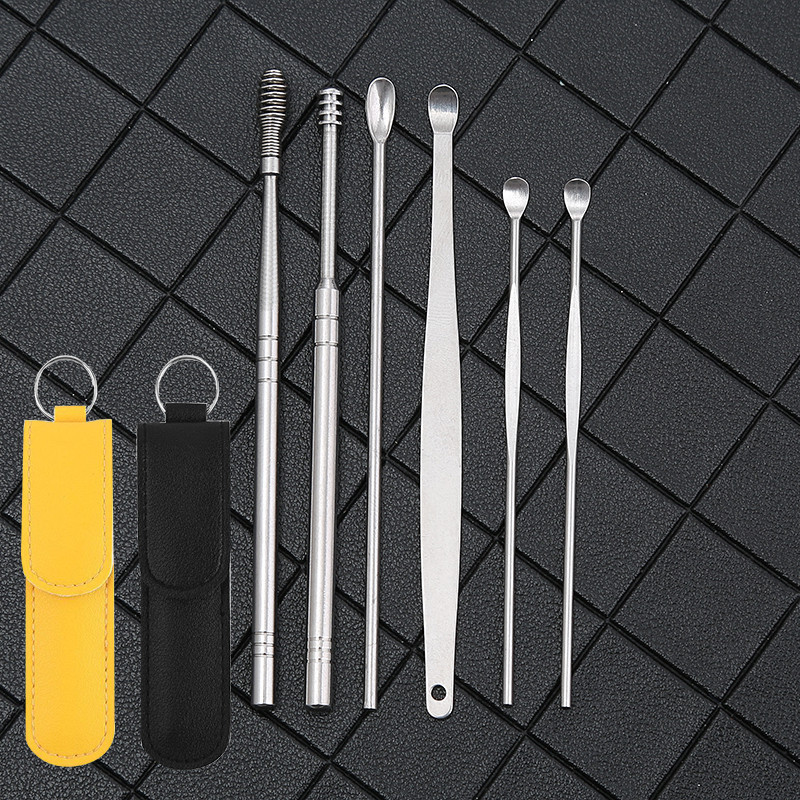 Stainless steel ear scoop 6 piece set ear scoop rotary spring ear scoop ear scoop ear scoop tool set stock supply