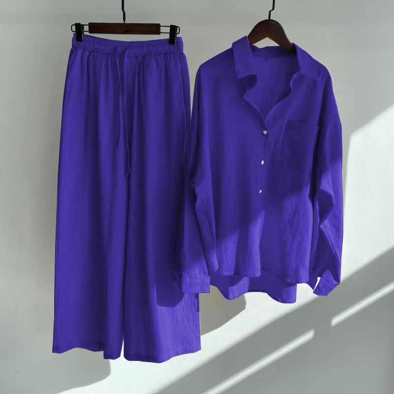 Cross-border  Women's 2-piece Vintage Plus Size 2022 Cotton and Linen Shirt Set High Waist Loose Trousers_voghion.com