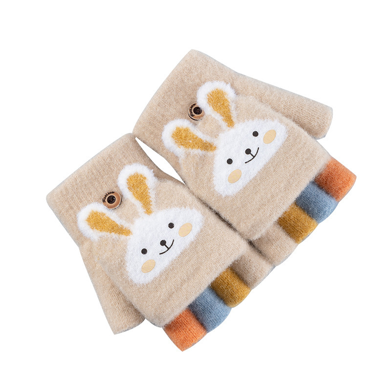 Children's Jacquard finger gloves winter boys and girls warm fleece-lined thick cartoon half finger flip gloves 4-12