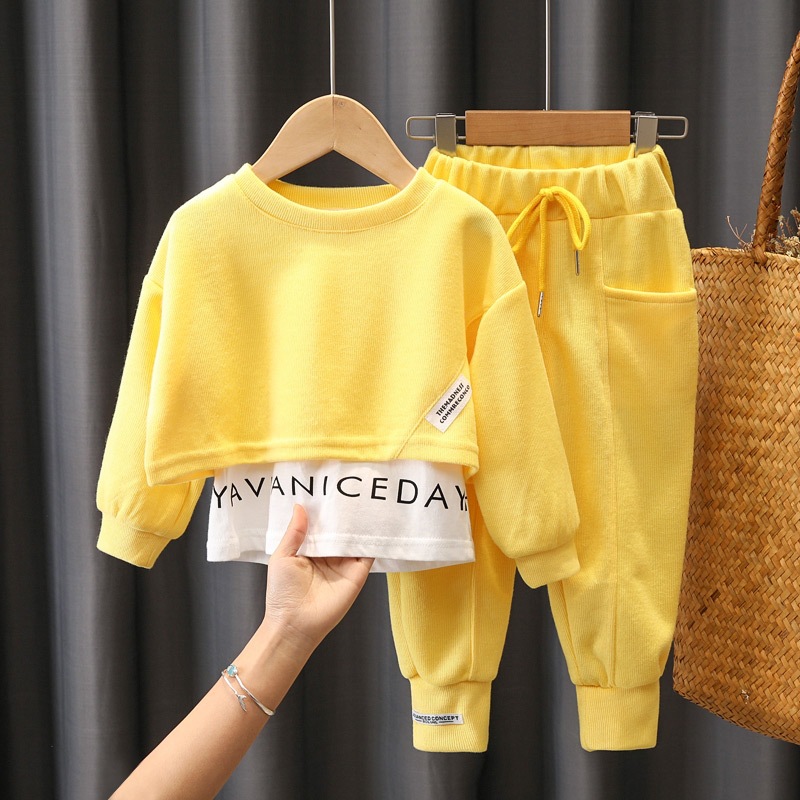 Children's Clothing Girls' suit Autumn Clothes Children's Long-sleeved Fake Two-piece Top Casual Pants Children's Sportswear Two-piece Set for Women