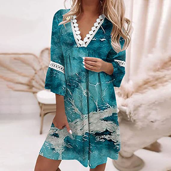 Spring V-neck Printed Lace Stitching Bohemian Leisure Holiday Style Dress ChezWe Chic Bohemian Style:This dress features a ch...