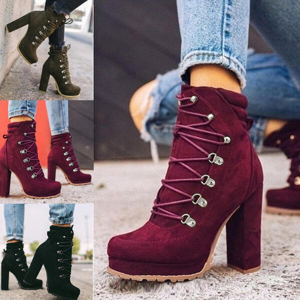 Cross-border Foreign Trade Large Size 2021 Autumn and Winter AliExpress High-heeled Lace-up Rivet Ankle Boots European and American Suede Martin Boots