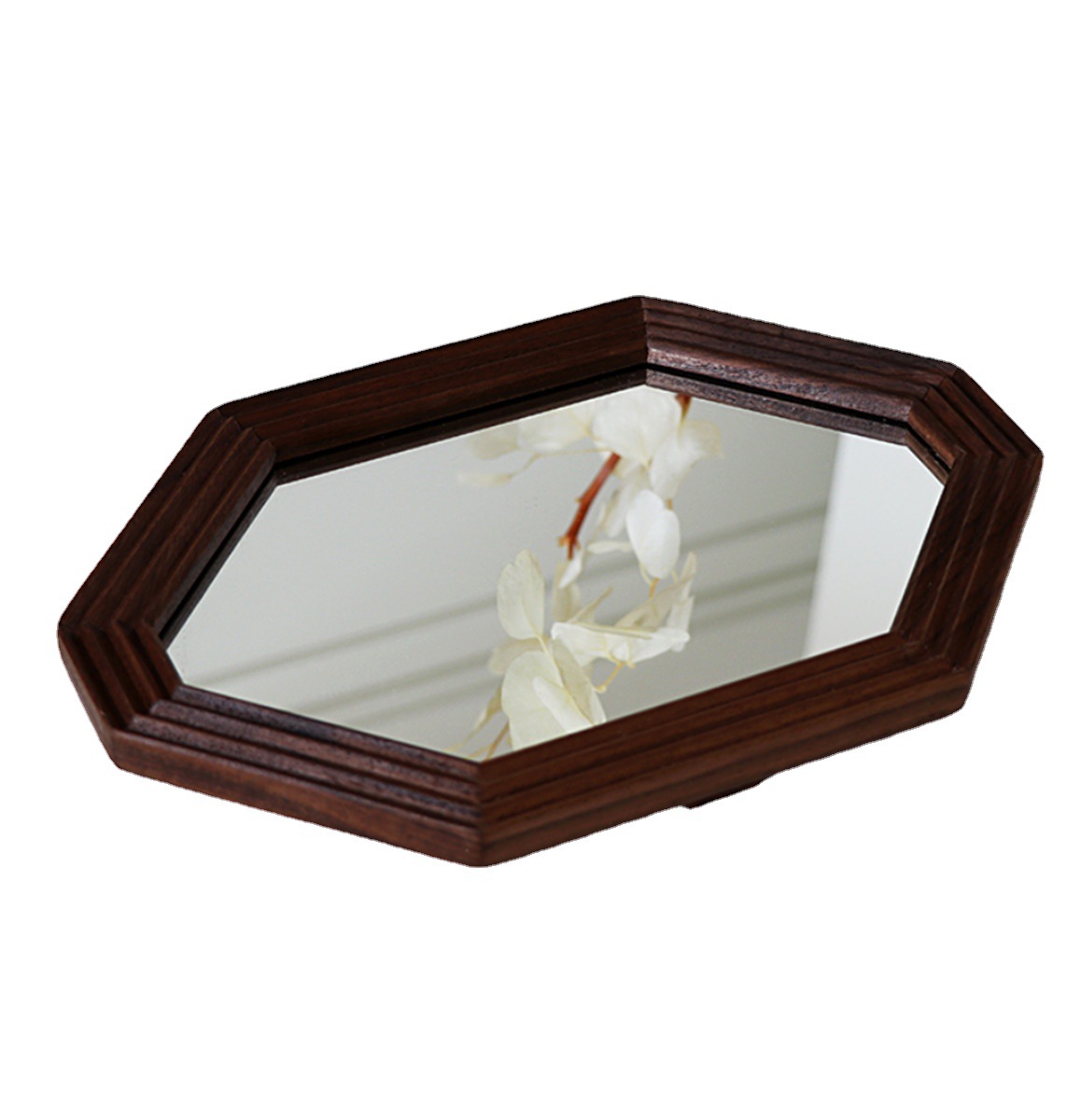 Living room French retro octagonal makeup mirror desktop wooden dressing mirror wall-mounted black walnut wooden mirror wholesale