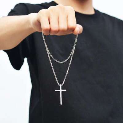 Cross-border European and American New Titanium Steel Cross Necklace Men's Trendy All-match Stainless Steel Cross Pendant Woolen Chain Accessories