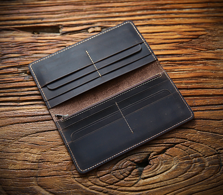 Vintage Men's Genuine Leather Long Wallet Top Layer Cowhide Ultra-thin Crazy Horse Leather Wallet Simple Wallet Men's Trendy Youth Bag