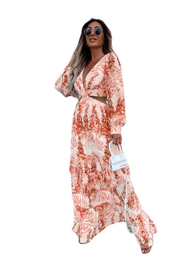2023 Amazon European and American Fashion Women's Spring New Long Printed V-Neck Long Sleeve Elegant Dress