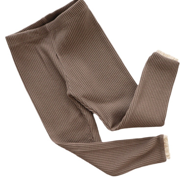 Korean style spring girls' pants pure cotton spring and autumn children's high elastic leggings striped lace little girl's trousers
